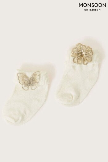 Monsoon White Butterfly and Flower Baby Socks 2 Pack (D47846) | £10