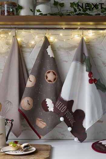 Set of 3 Natural Christmas Pudding Tea Towels (D48085) | £12