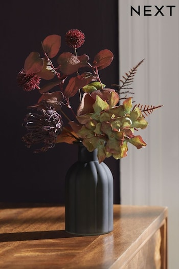 Purple Artificial Flowers In Matte Black Ribbed Textured Vase (D48492) | £14