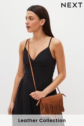 Tan Brown Suede Leather Fringe Cross-Body Bag (D48589) | £35