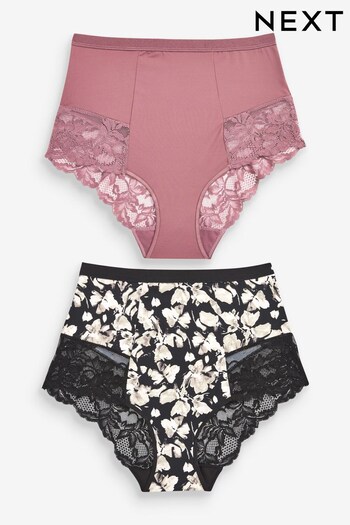 Black Print/Pink High Waist Brief Tummy Control Shaping Lace Back Brazilian Knickers 2 Pack (D48673) | £22