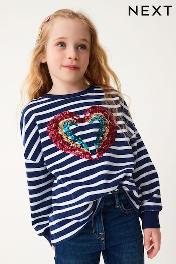 Navy Stripe Rainbow Sequin Heart Cuffed Top (3-16yrs) (D48848) | £12 - £17