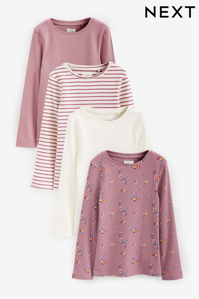 Pink Floral Ribbed Long Sleeve Tops 4 Pack (3-16yrs) (D48856) | £20 - £26