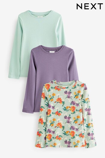 Purple/Teal Blue Floral Long Sleeve Ribbed Tops 3 Pack (3-16yrs) (D48859) | £14 - £20