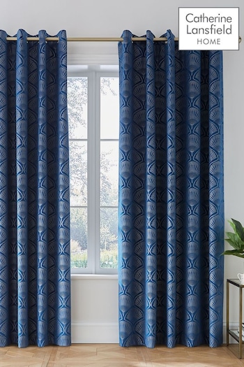 Catherine Lansfield Blue Art Deco Pearl Lined Eyelet Eyelet Curtains (D49093) | £65