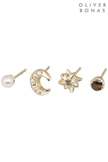 Oliver Bonas Titania Stone, Moon And Star Pearl Detail Earrings Pack of Four (D49471) | £42