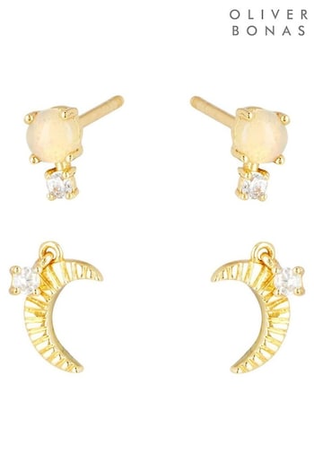 Oliver Bonas Natural Maia Celestial Charms Stud Earrings Pack of 2 (D49481) | £45
