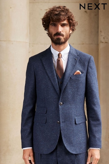 Navy Blue Nova Fides Italian Fabric Herringbone Textured Wool Blend Suit Jacket (D49849) | £110