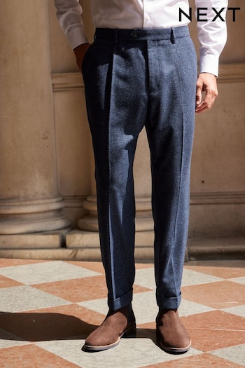 Navy Blue Slim Nova Fides Italian Fabric Herringbone Textured Wool Blend Suit Trousers (D49850) | £59