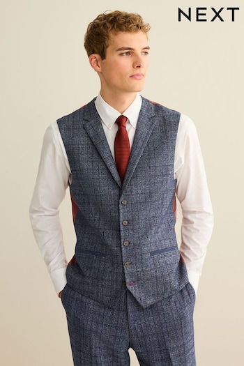 Navy Blue Slim Fit Trimmed Check Waistcoat (D49862) | £50
