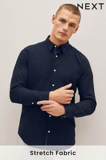 Navy Blue Stretch Oxford Long Sleeve Shirt (D50107) | £30