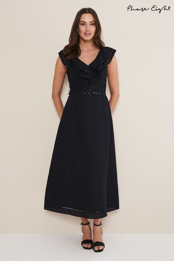 Phase Eight Julieta Frill Broderie Linen Midi Black Dress (D50291) | £119