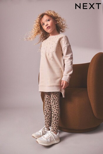 Neutral Pearl Embellished Soft Jumper sleeves Dress (3-16yrs) (D50596) | £16 - £21