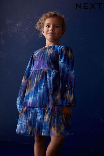 Blue/Purple Sparkle Tie Dye Tiered Tulle Mesh Dress (3-16yrs) (D50662) | £24 - £30