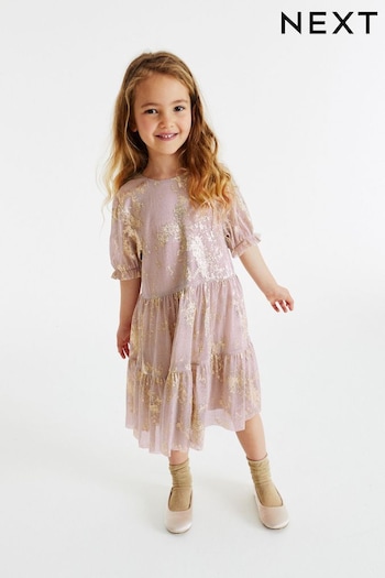 Pink/Gold Foil Sparkle Mesh Short Sleeve Tiered Party Dress (3-16yrs) (D50663) | £25 - £31