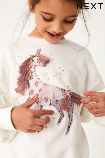 Ecru Cream Unicorn Embellished Sequin Crew Sweatshirt Top (3-16yrs) (D50837) | £15 - £20