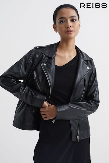 Reiss Black Sutton Oversized Leather Biker Jacket (D51077) | £295