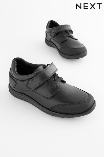 Black Standard Fit (F) School Leather Elastic Lace Shoes Saint (D51391) | £28 - £44
