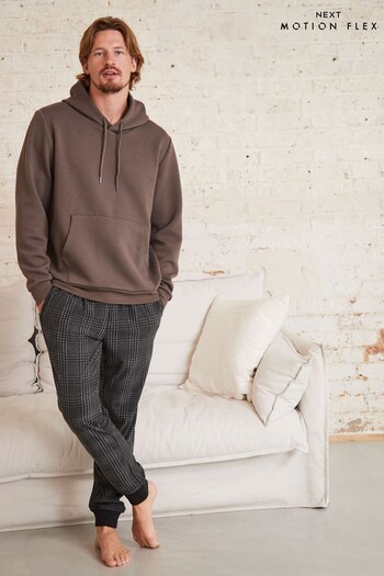 Neutral/Grey Check Textured Hooded Motionflex Cosy Cuffed Pyjamas Set (D51516) | £42