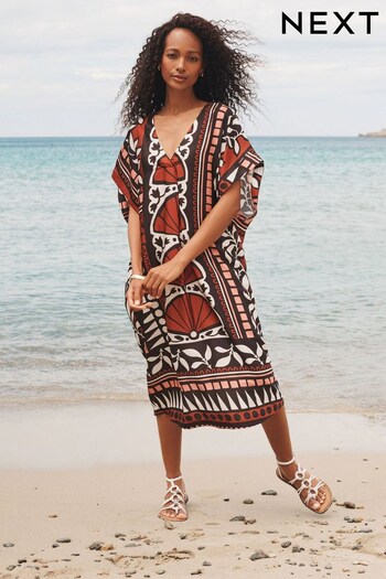 Brown Print Satin Kaftan Coverup Beach Summer Dress (D51603) | £50