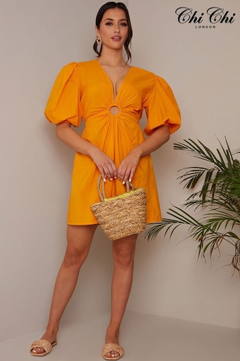 Chi Chi London Orange Ring Front Puff Sleeve Dress (D51808) | £48