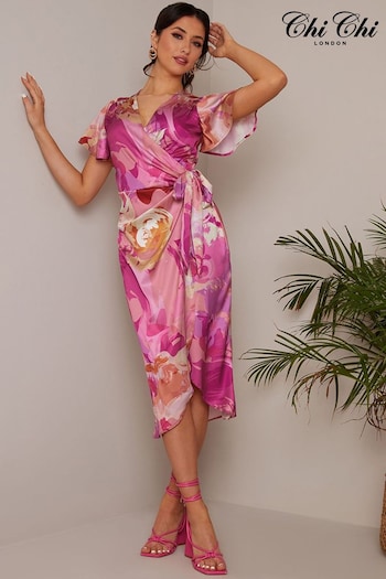 Chi Chi London Pink Dark Curve Floral Printed V-Neck Wrap Dress (D51814) | £55