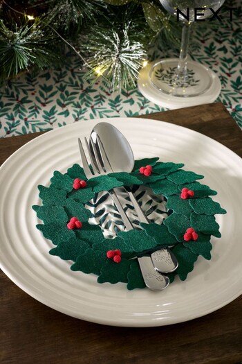 Set of 6 Green Christmas Holly Cutlery Holders (D51833) | £12