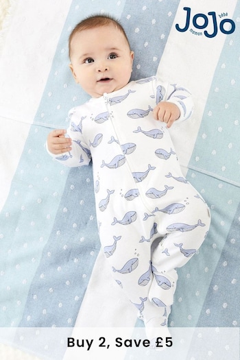 JoJo Maman Bébé Blue Whale Print Zip Cotton Baby Sleepsuit (D51873) | £20