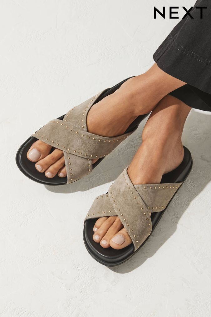 Khaki Camo Leather Flat Footbed Sandals with Stud Detailing (D51980) | £42