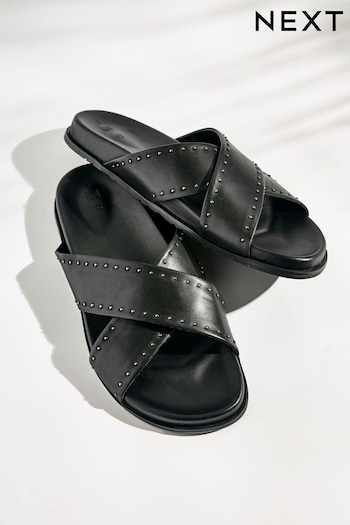Black Leather Flat Footbed Sandals with Stud Detailing (D51982) | £42