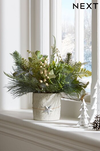 Green/White Artificial Woodland Floral In Wood Effect Pot (D52002) | £25