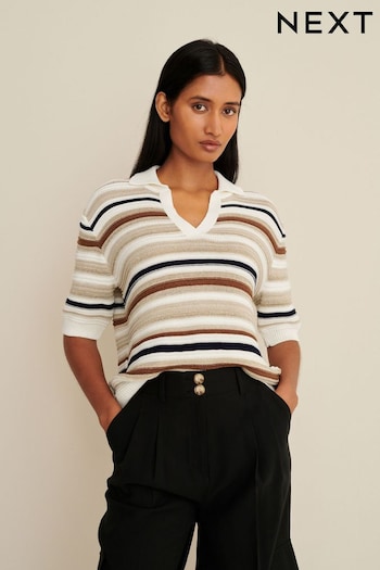 White/Neutral Short Sleeve Sparkle Stripe Knit Polo Jumper (D52144) | £34