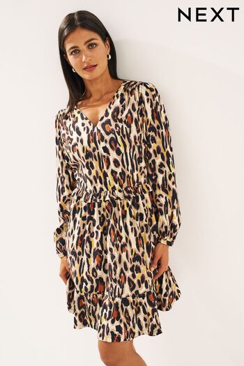 Animal Print Long Sleeve Mini V-Neck Dress (D52302) | £26