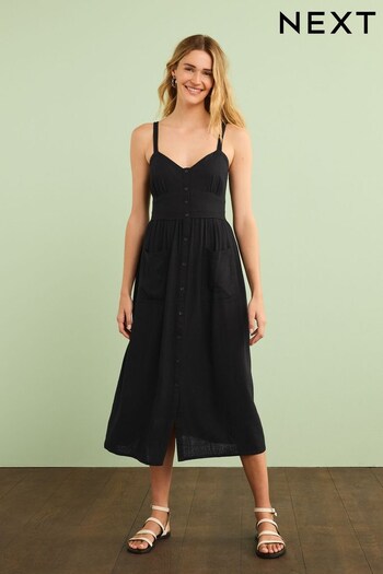 Black Strappy Linen Blend Midi Dress (D52562) | £34