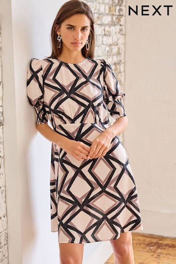 Ecru Cream Geo Print Short Sleeve Mini Dress (D52570) | £28