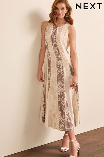 Neutral Snake Print Spliced Sleeveless Flowing Midi Dress (D52572) | £46