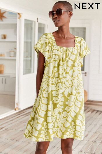 Lime Green Floral Linen Blend Flutter Sleeve Mini Dress (D52576) | £38