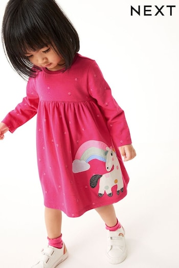 Pink Unicorn Long Sleeve Appliqué Jersey Dress (3mths-7yrs) (D53222) | £8 - £10