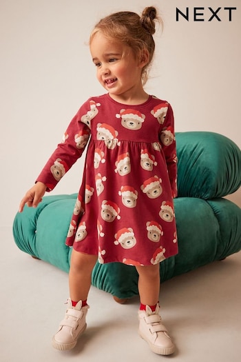 Red Teddy Bear Christmas Long Sleeve Jersey Dress (3mths-7yrs) (D53223) | £7 - £9
