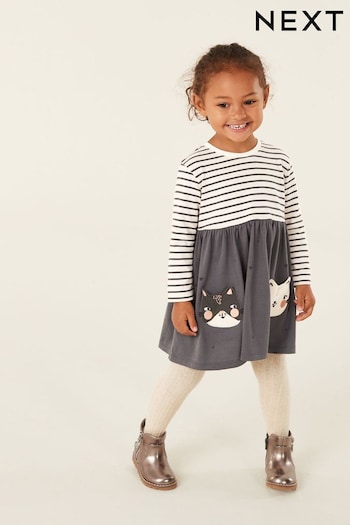 Monochrome Cat Long Sleeve Appliqué Jersey Dress (3mths-7yrs) (D53228) | £9 - £11