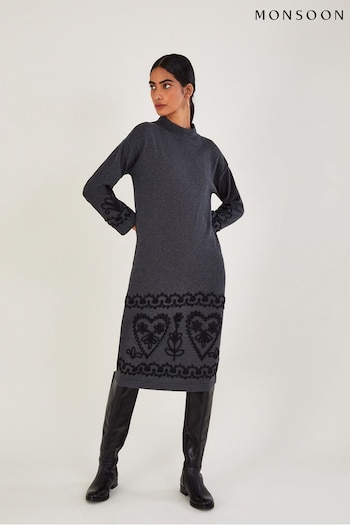 Monsoon Long Grey Cornelli Dress in Sustainable Cotton (D53330) | £90