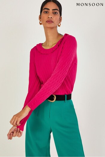 Monsoon Pink Ruffle Scoop Neck Jumper with Sustainable Viscose (D53333) | £60