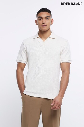 River Island Cream Slim Texture Open Neck accessories Polo Shirt (D53364) | £29