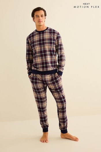 Navy Blue/Neutral Check Cuffed Motionflex Cosy Pyjamas (D53519) | £30