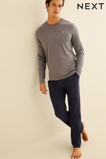 Slate Grey/Navy Long Sleeve Jersey Pyjamas Set (D53531) | £23