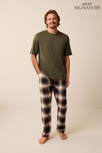 Green/Brown Signature Brushed Woven Pyjama Set (D53539) | £36