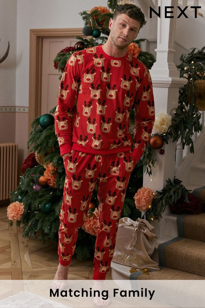 Red Reindeer Matching Family Mens Cosy Pyjamas (D53541) | £30