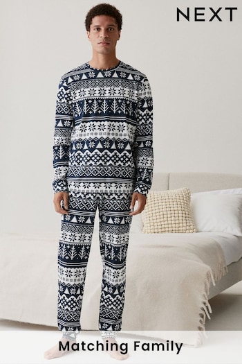 Navy Blue Fairisle Pattern Matching Family Mens Christmas Cotton Pyjamas (D53551) | £24