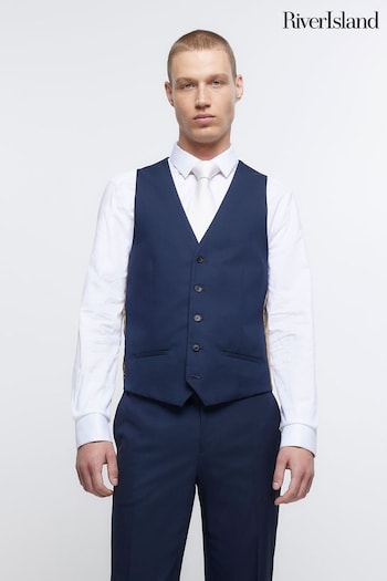 River Island Navy Blue Skinny Fit Twill Waistcoat (D53631) | £35
