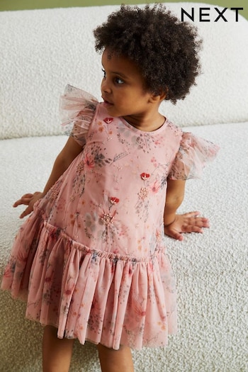 Pink Sequin Embellished Mesh Party Dress (3mths-7yrs) (D53754) | £20 - £24
